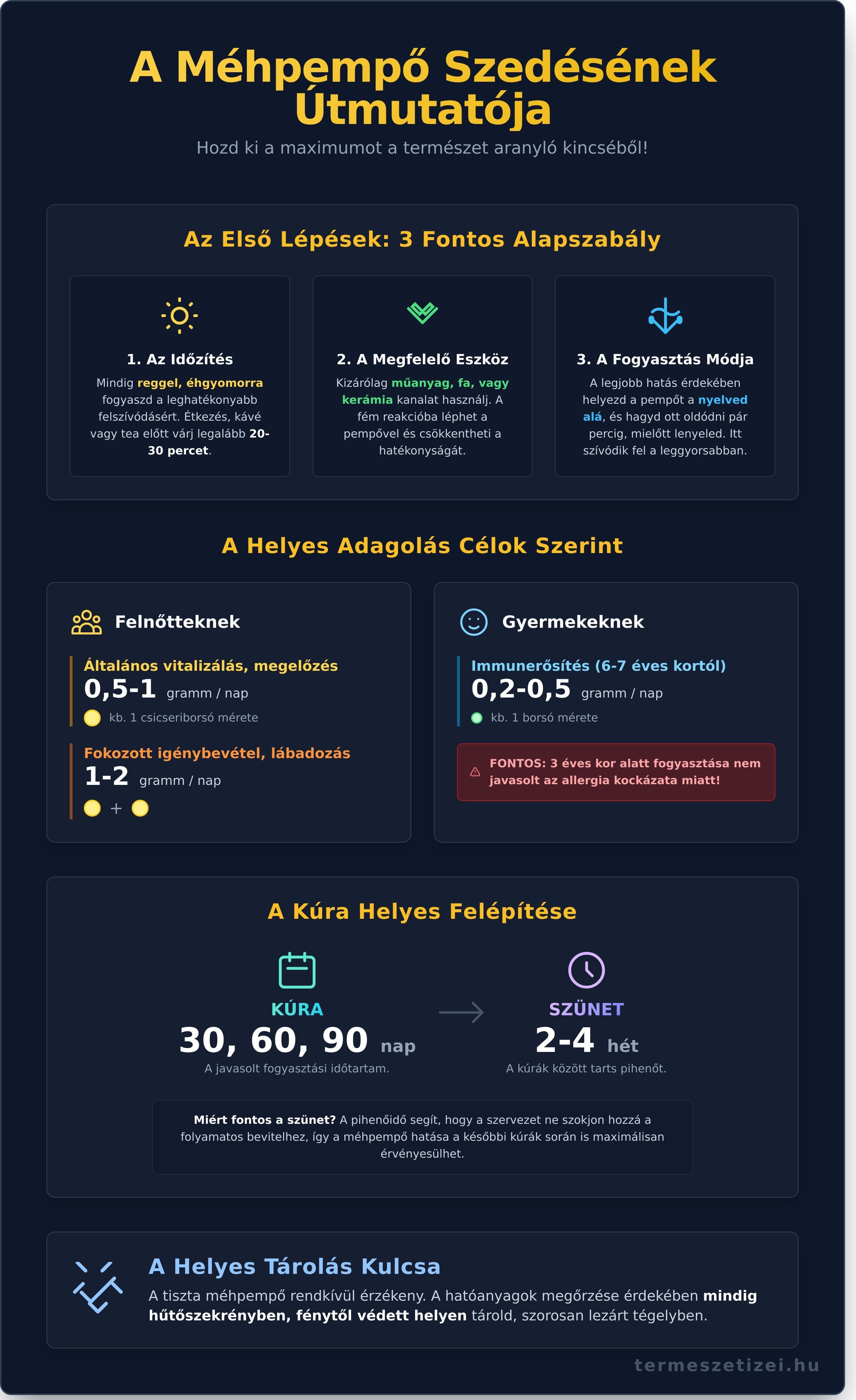 Méhpempő szedése: A teljes útmutató a helyes adagoláshoz és kúrához - infographic
