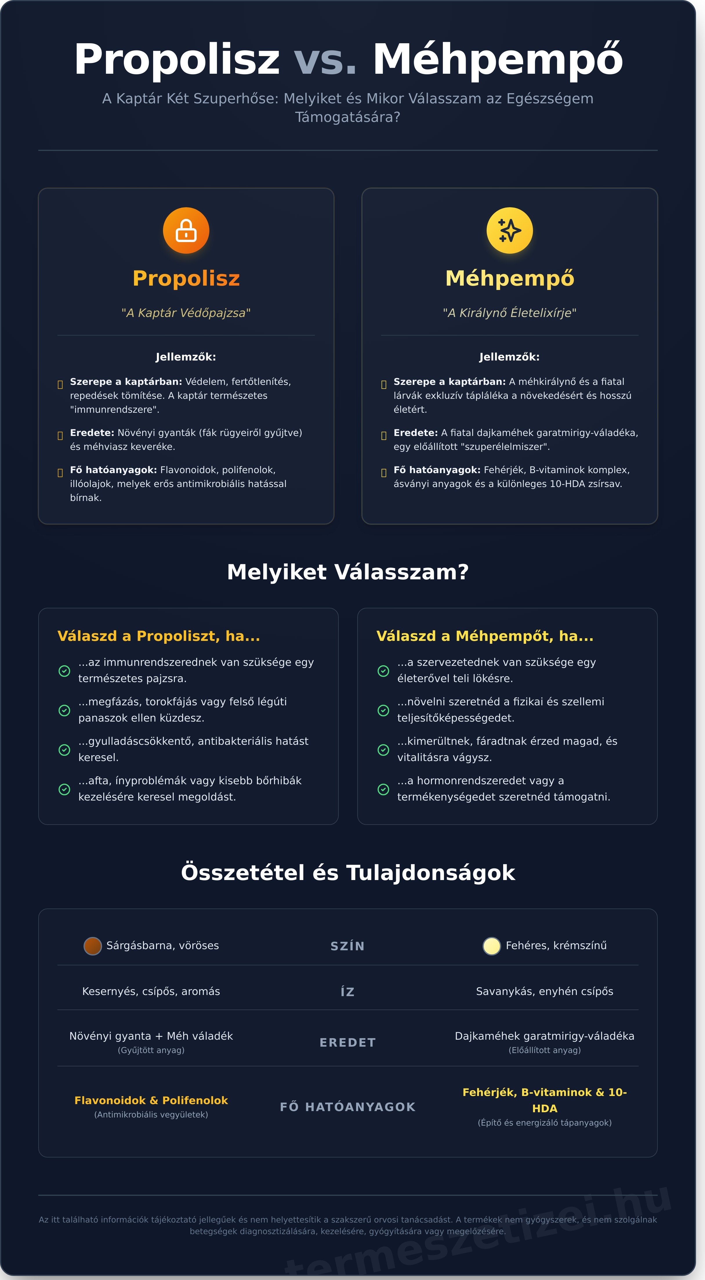 Propolisz vagy Méhpempő? A Teljes Útmutató a Két Kaptárkincs Közötti Különbségről - infographic