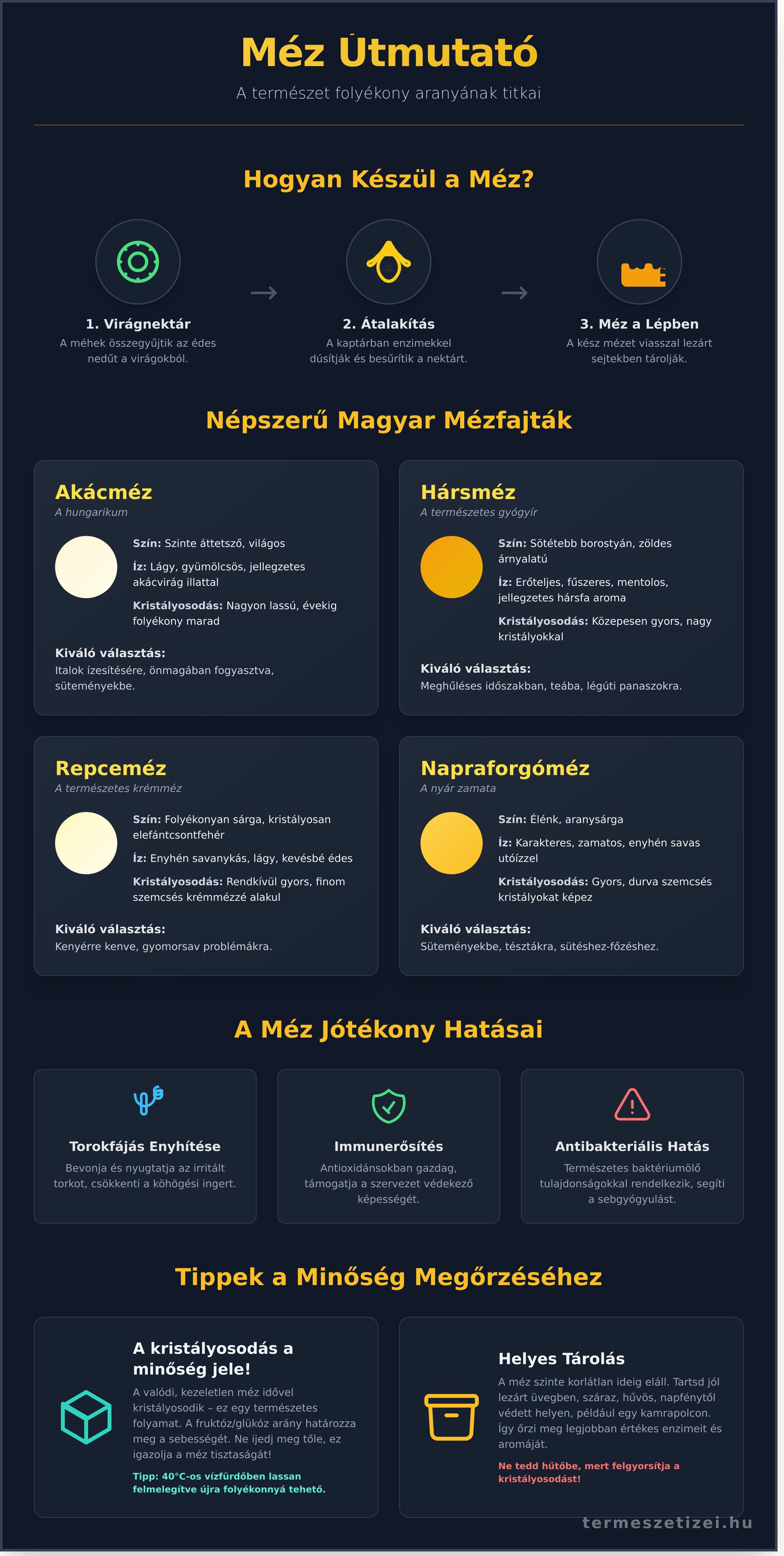 Méz: A természet folyékony aranya - Útmutató a fajtáihoz és jótékony hatásaihoz - infographic
