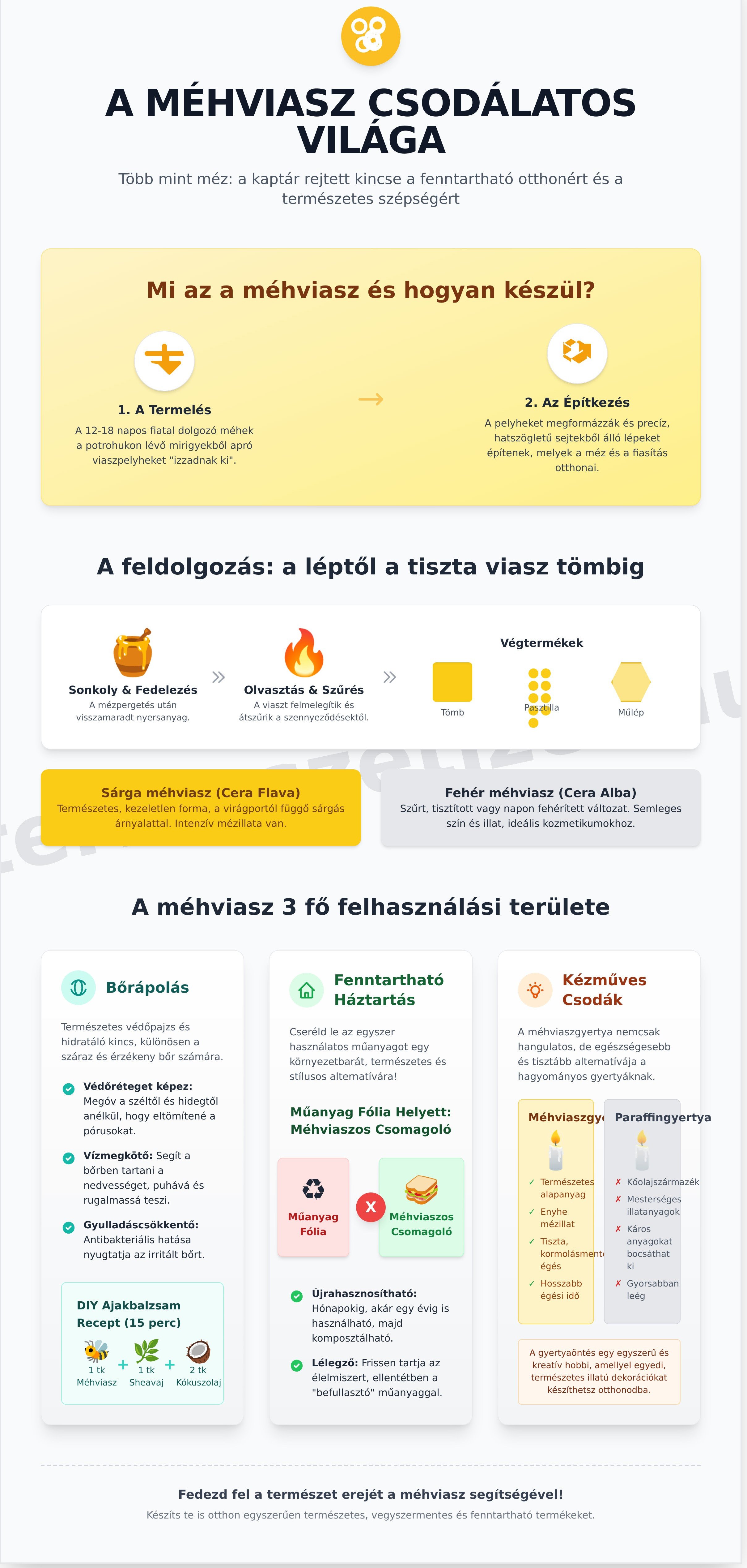 Méhviasz: A természetes csoda felhasználása gyertyától a kozmetikumokig - infographic